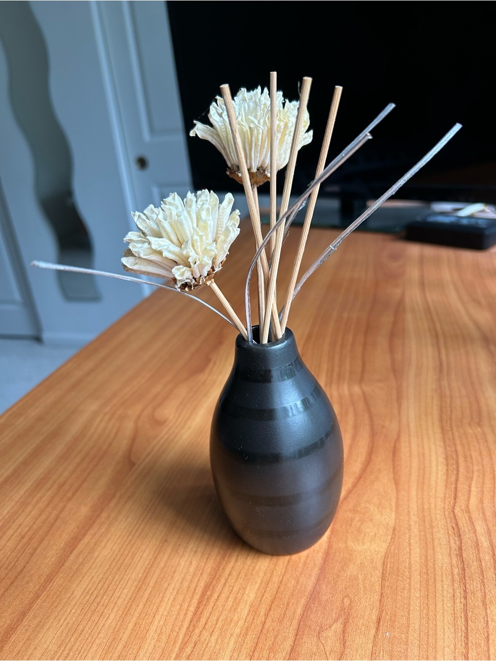 Black Small Ceramic Bud Vase with Cream Dried Flower Stems